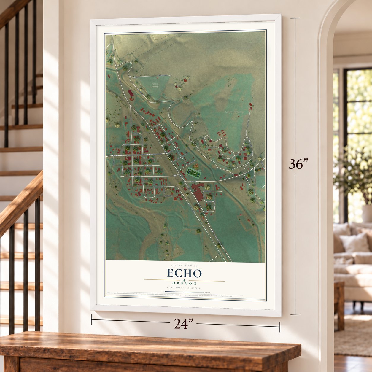 Echo, Oregon map, 24 x 36 inch print in a white frame by a staircase
