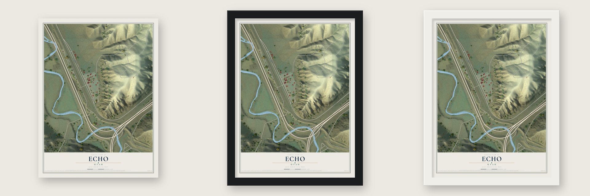 Echo, Utah map unframed, in a black wood frame and in a white wood frame