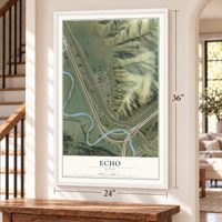 Echo, Utah map, 24 x 36 inch print in a white frame by a staircase