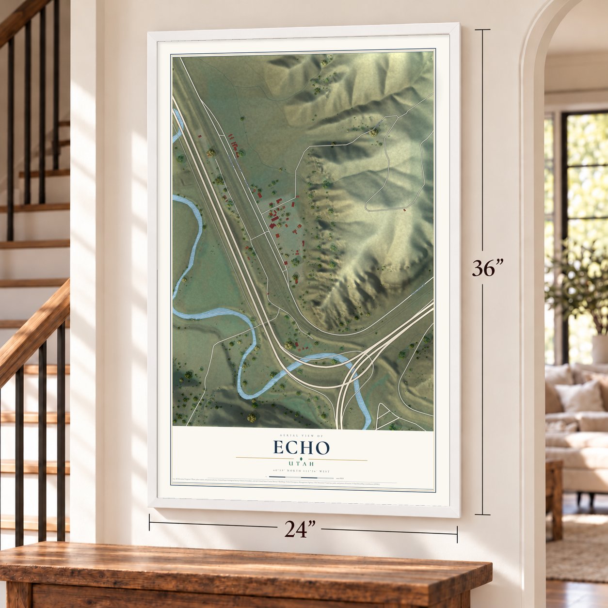 Echo, Utah map, 24 x 36 inch print in a white frame by a staircase