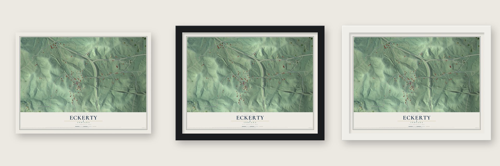 Eckerty, Indiana map unframed, in a black wood frame and in a white wood frame