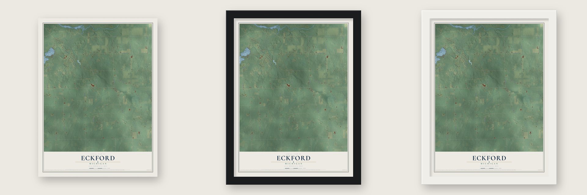 Eckford, Michigan map unframed, in a black wood frame and in a white wood frame