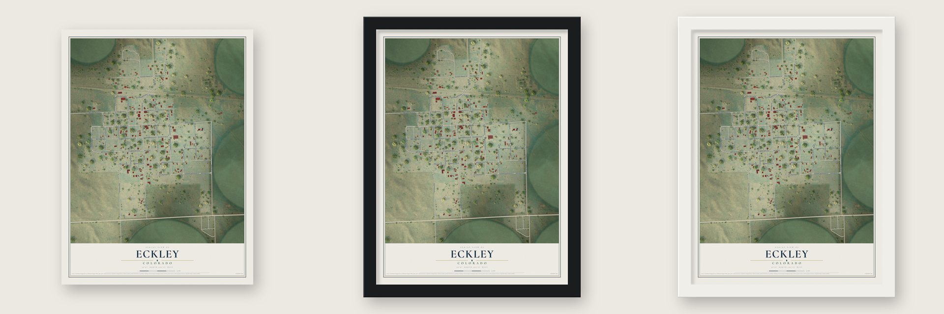 Eckley, Colorado map unframed, in a black wood frame and in a white wood frame
