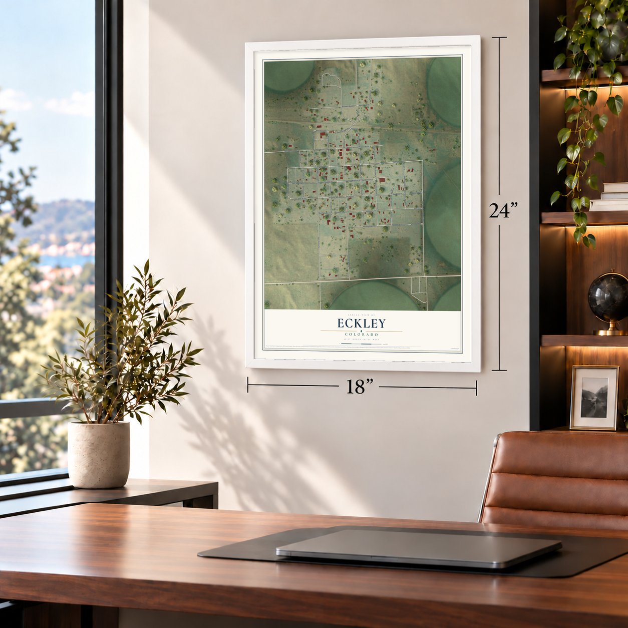 Eckley, Colorado map, 18 x 24 inch print in a white frame in a home office