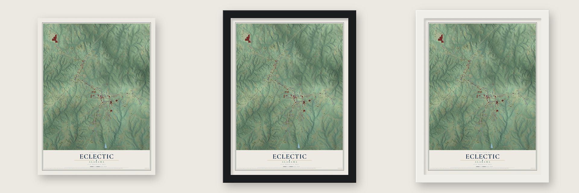 Eclectic, Alabama map unframed, in a black wood frame and in a white wood frame