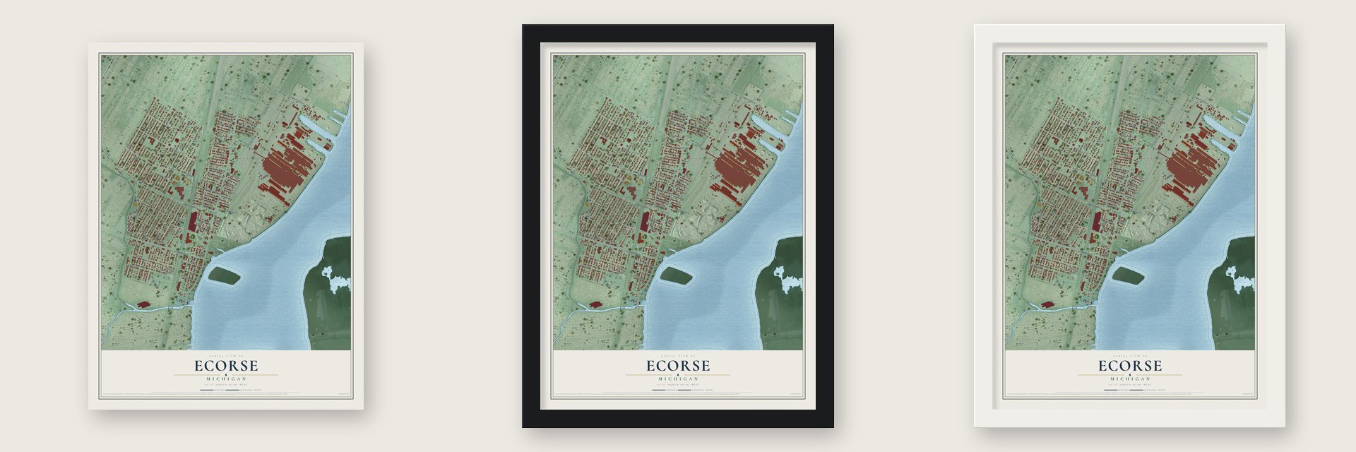 Ecorse, Michigan map unframed, in a black wood frame and in a white wood frame