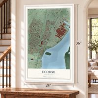 Ecorse, Michigan map, 24 x 36 inch print in a white frame by a staircase