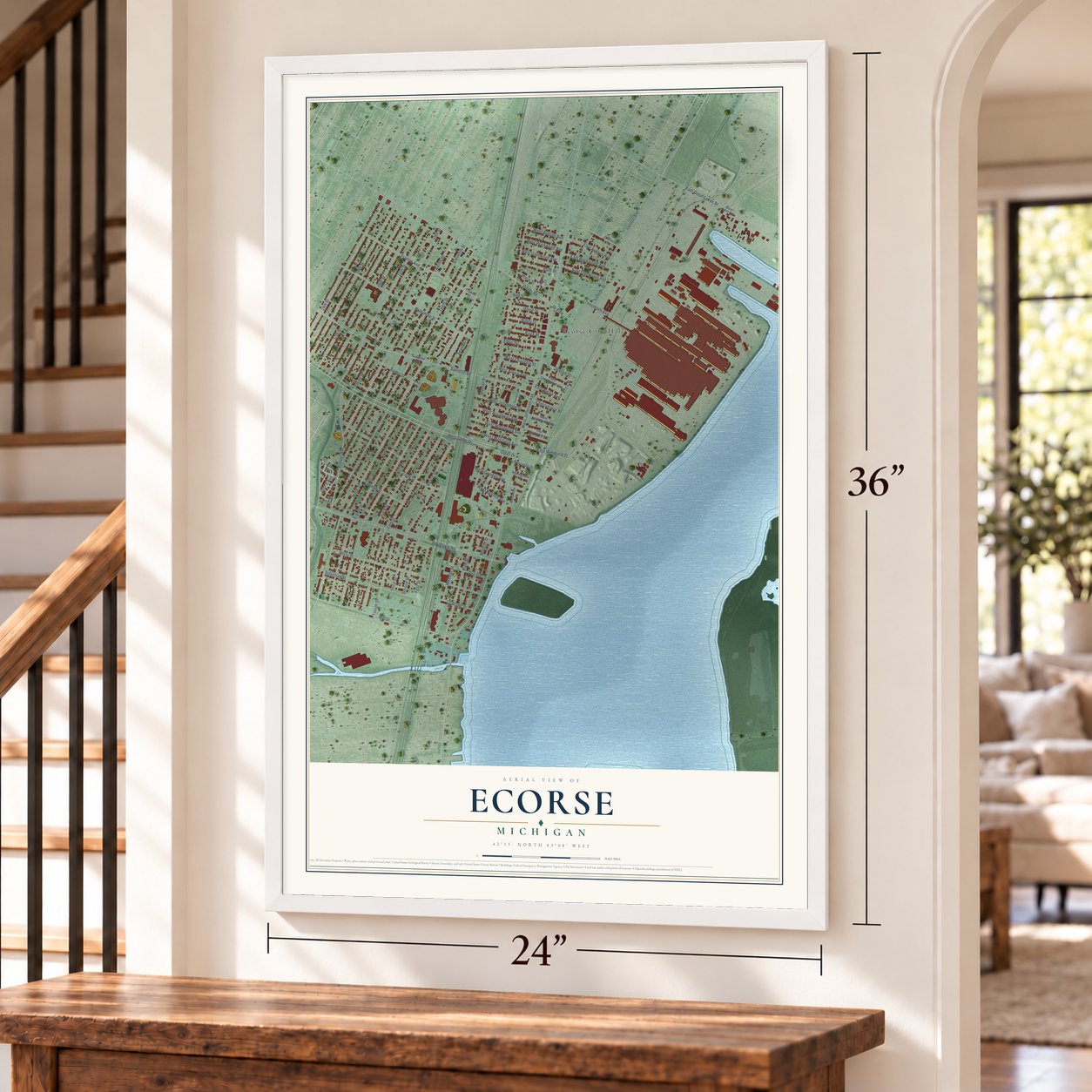 Ecorse, Michigan map, 24 x 36 inch print in a white frame by a staircase
