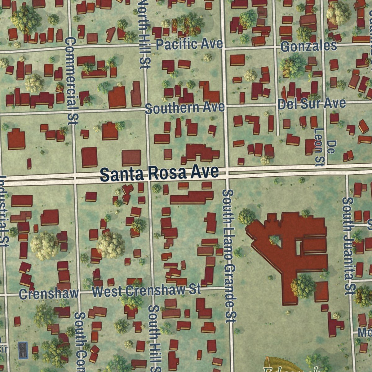 Second close-up of the map of Edcouch, Texas print showing more streets and buildings