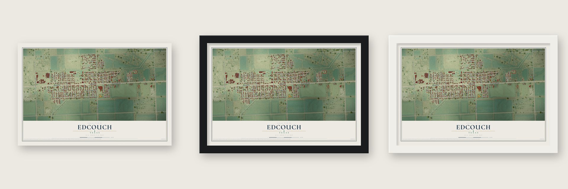 Edcouch, Texas map unframed, in a black wood frame and in a white wood frame