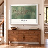 Edcouch, Texas map, 24 x 36 inch print in a white frame above a dresser by a staircase