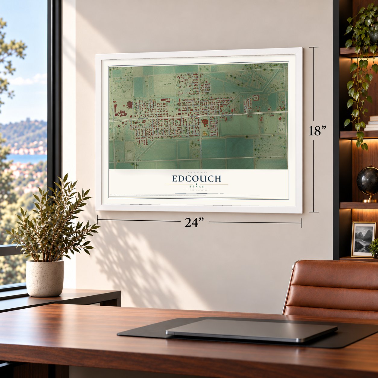 Edcouch, Texas map, 18 x 24 inch print in a white frame in a home office