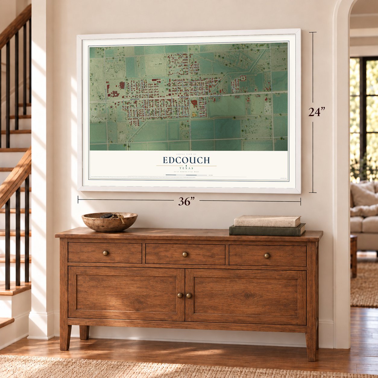 Edcouch, Texas map, 24 x 36 inch print in a white frame above a dresser by a staircase