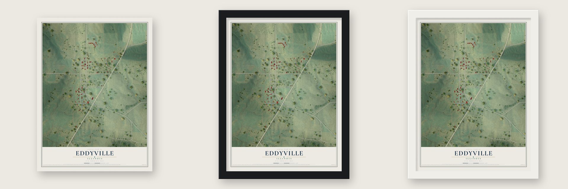 Eddyville, Illinois map unframed, in a black wood frame and in a white wood frame