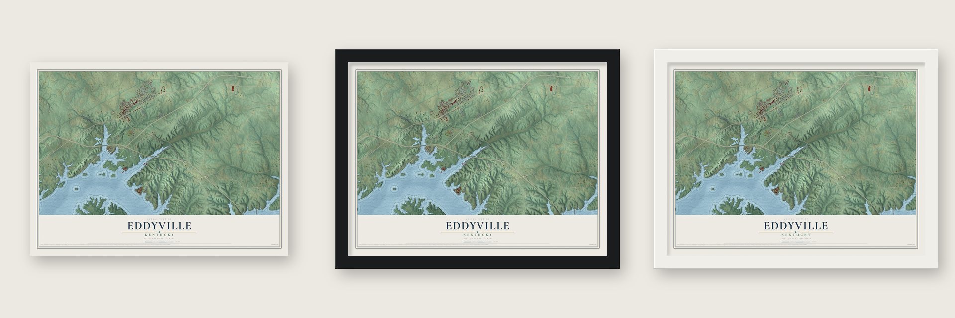 Eddyville, Kentucky map unframed, in a black wood frame and in a white wood frame