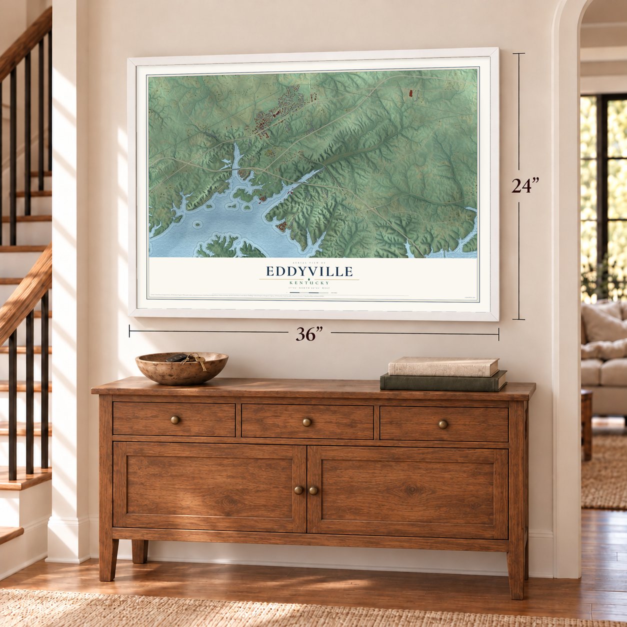Eddyville, Kentucky map, 24 x 36 inch print in a white frame above a dresser by a staircase