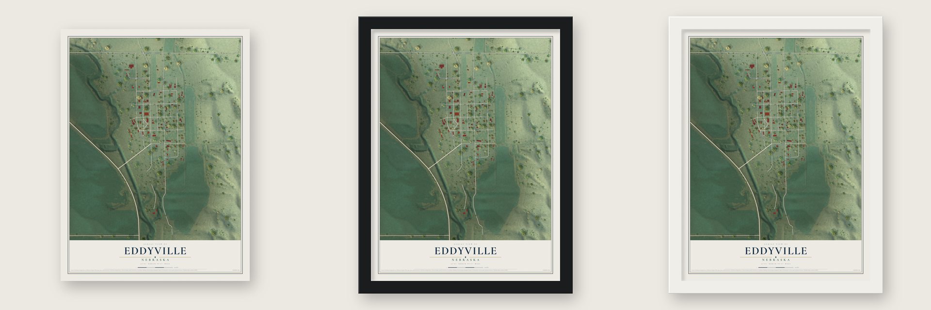 Eddyville, Nebraska map unframed, in a black wood frame and in a white wood frame