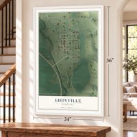 Eddyville, Nebraska map, 24 x 36 inch print in a white frame by a staircase