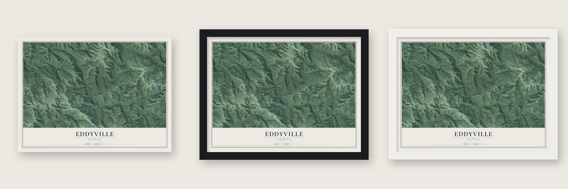 Eddyville, Oregon map unframed, in a black wood frame and in a white wood frame