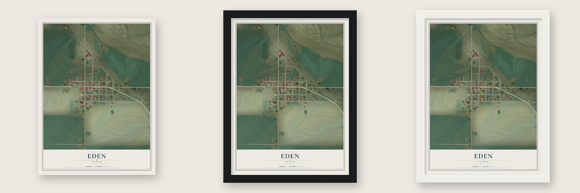 Eden, Idaho map unframed, in a black wood frame and in a white wood frame