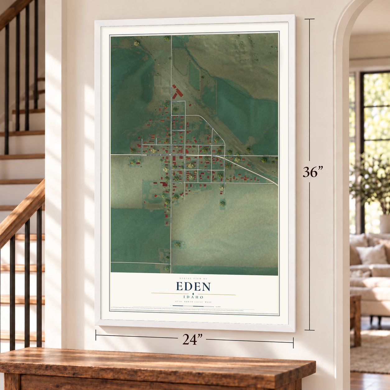 Eden, Idaho map, 24 x 36 inch print in a white frame by a staircase