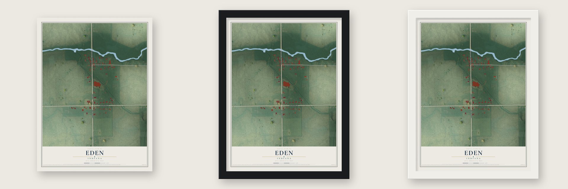 Eden, Indiana map unframed, in a black wood frame and in a white wood frame