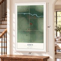 Eden, Indiana map, 24 x 36 inch print in a white frame by a staircase