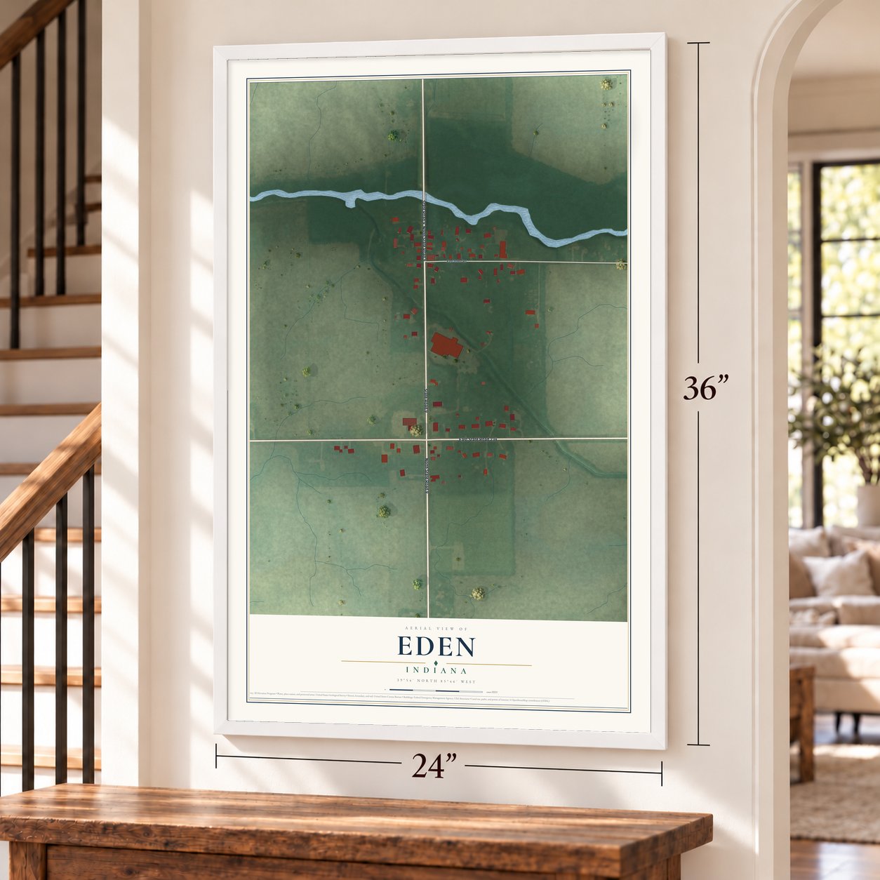 Eden, Indiana map, 24 x 36 inch print in a white frame by a staircase