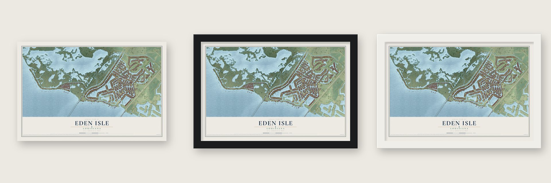 Eden Isle, Louisiana map unframed, in a black wood frame and in a white wood frame