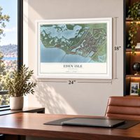 Eden Isle, Louisiana map, 18 x 24 inch print in a white frame in a home office