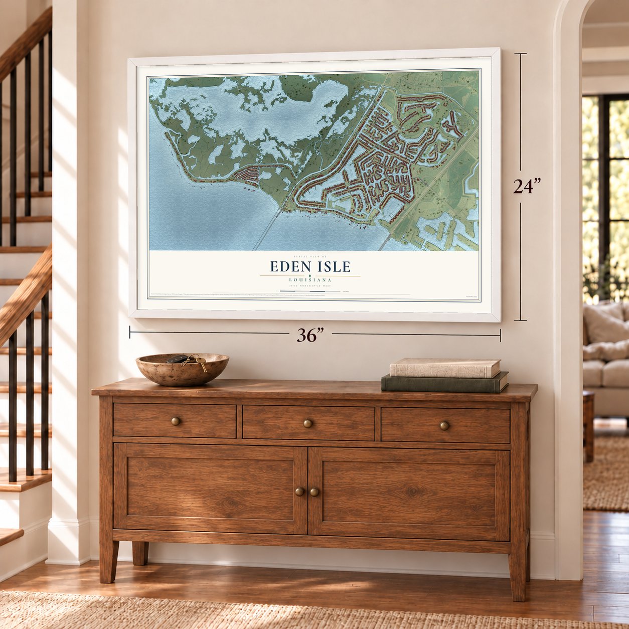Eden Isle, Louisiana map, 24 x 36 inch print in a white frame above a dresser by a staircase