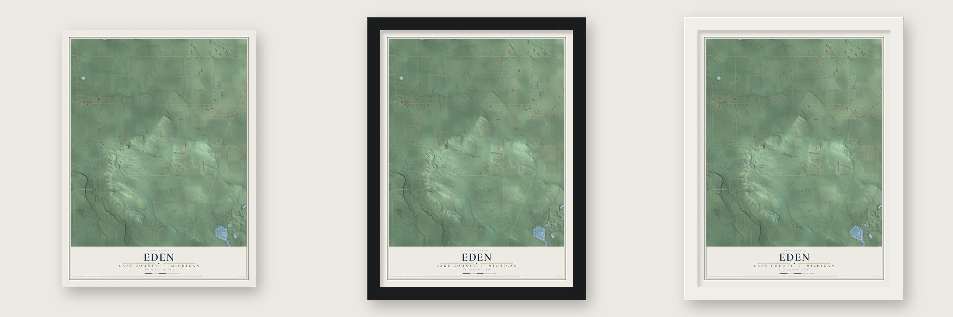 Eden, Lake County, Michigan map unframed, in a black wood frame and in a white wood frame