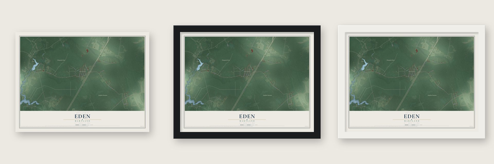 Eden, Maryland map unframed, in a black wood frame and in a white wood frame
