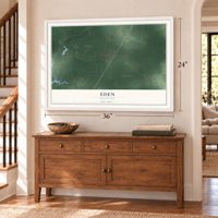 Eden, Maryland map, 24 x 36 inch print in a white frame above a dresser by a staircase
