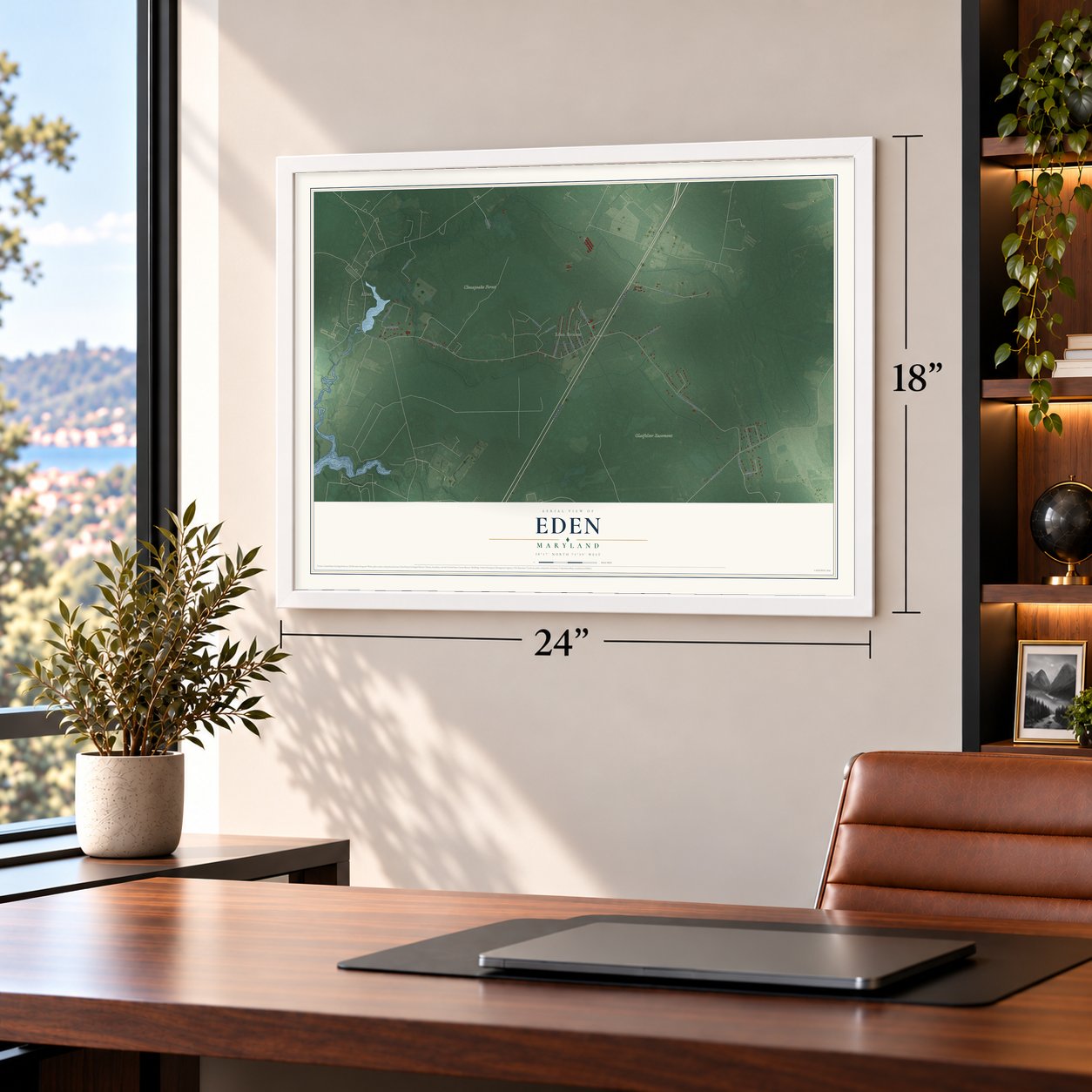 Eden, Maryland map, 18 x 24 inch print in a white frame in a home office