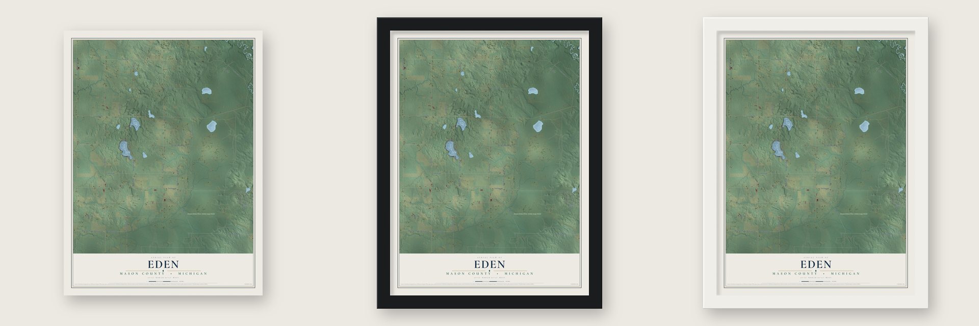Eden, Mason County, Michigan map unframed, in a black wood frame and in a white wood frame