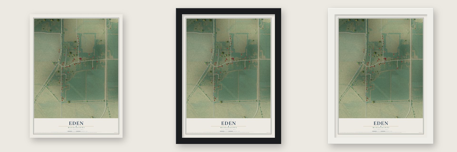 Eden, Mississippi map unframed, in a black wood frame and in a white wood frame