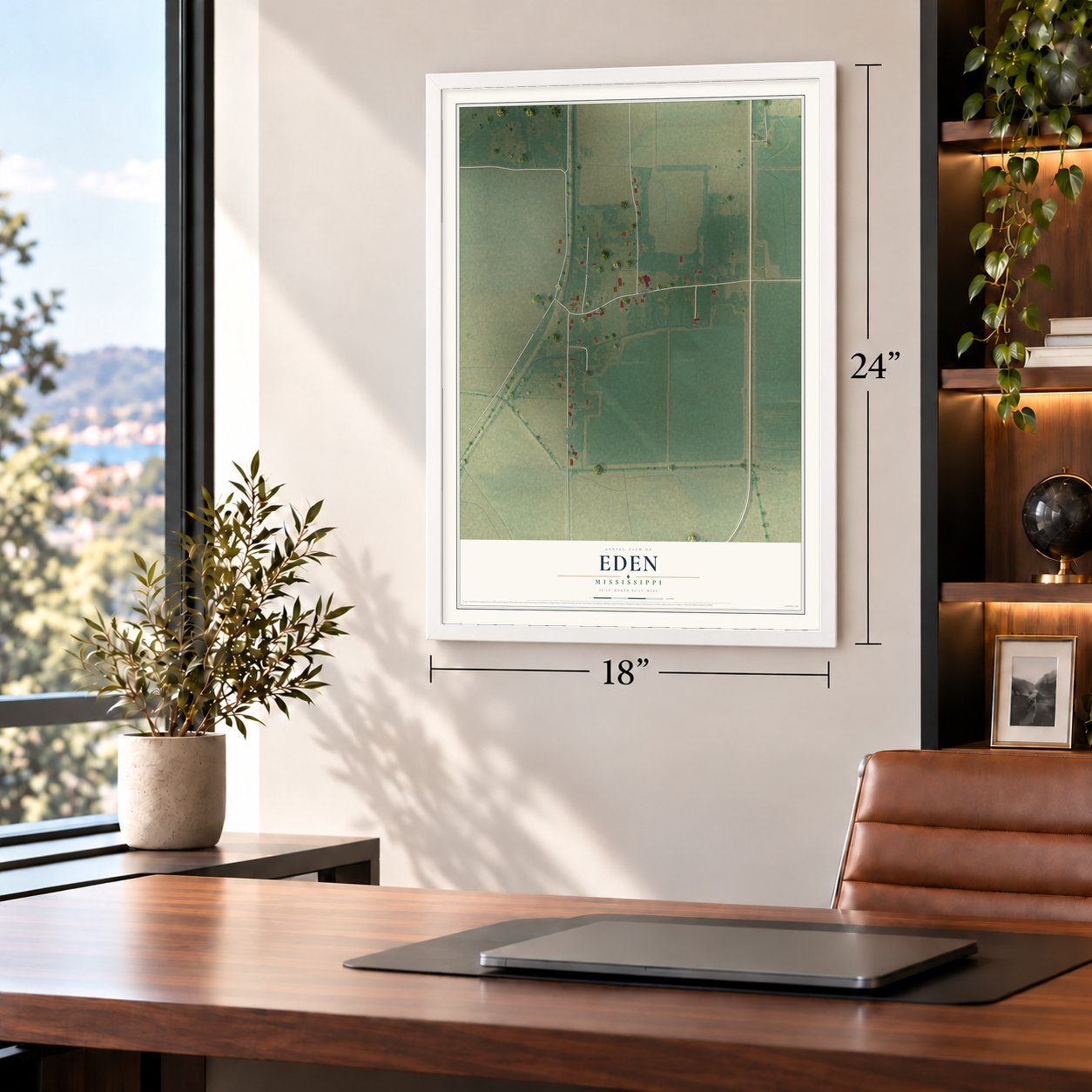Eden, Mississippi map, 18 x 24 inch print in a white frame in a home office