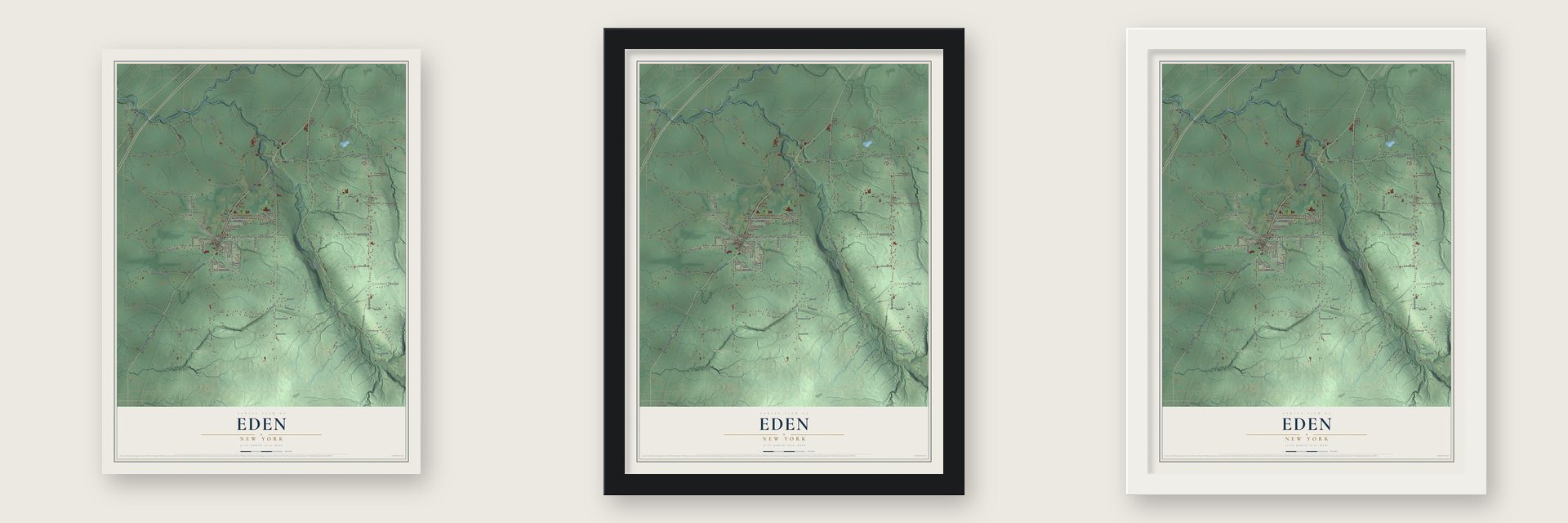 Eden, New York map unframed, in a black wood frame and in a white wood frame