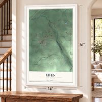 Eden, New York map, 24 x 36 inch print in a white frame by a staircase