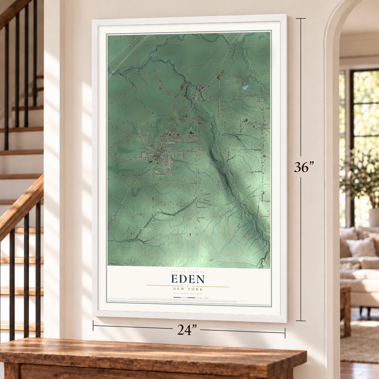 Eden, New York map, 24 x 36 inch print in a white frame by a staircase