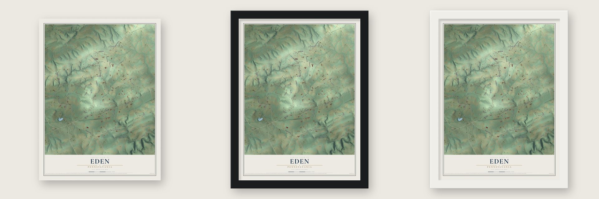 Eden, Pennsylvania map unframed, in a black wood frame and in a white wood frame