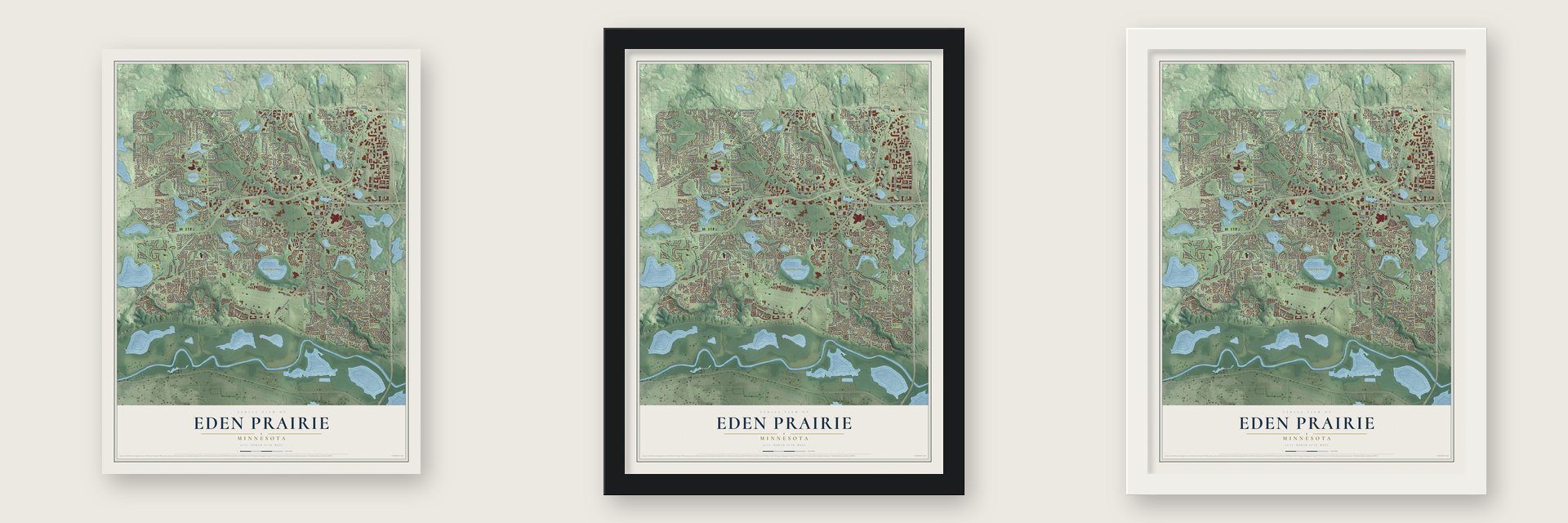 Eden Prairie, Minnesota map unframed, in a black wood frame and in a white wood frame