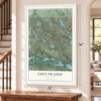 Eden Prairie, Minnesota map, 24 x 36 inch print in a white frame by a staircase