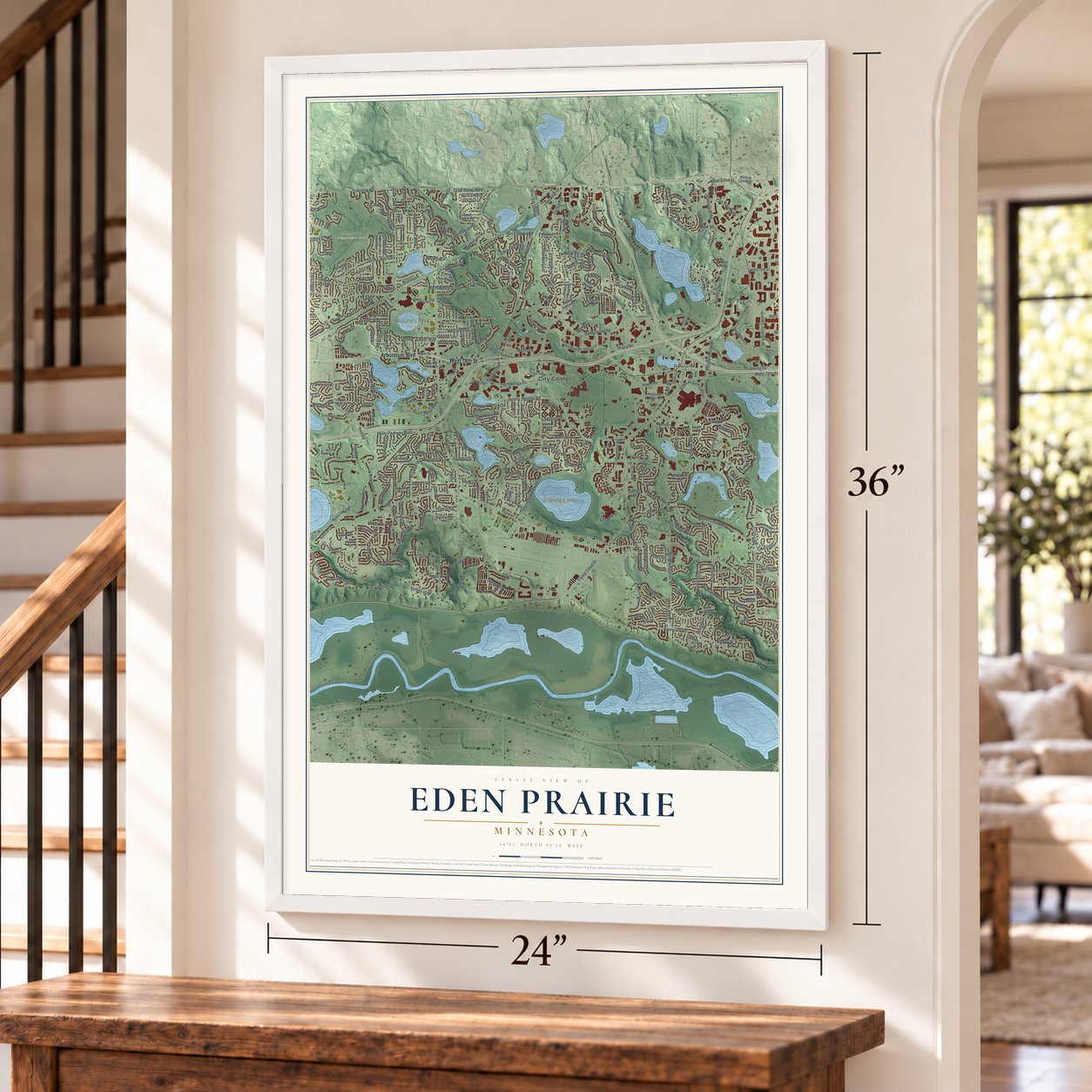 Eden Prairie, Minnesota map, 24 x 36 inch print in a white frame by a staircase
