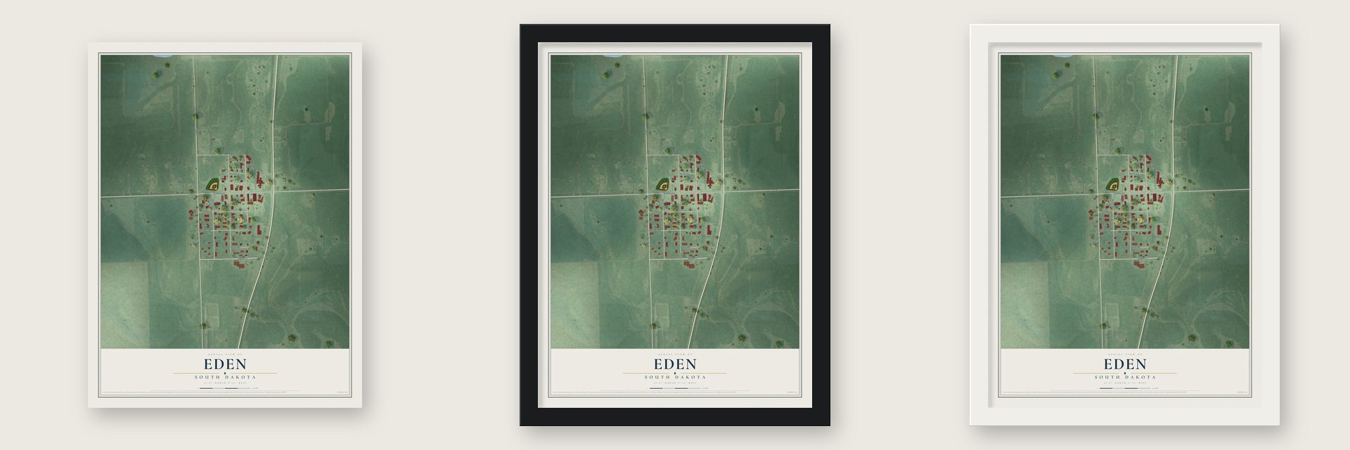 Eden, South Dakota map unframed, in a black wood frame and in a white wood frame