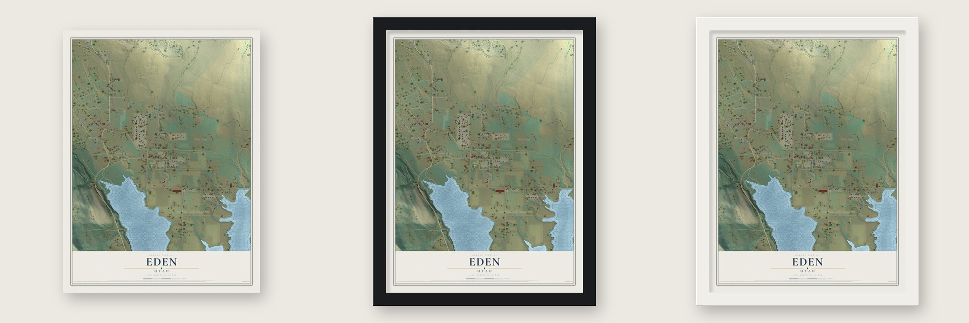 Eden, Utah map unframed, in a black wood frame and in a white wood frame