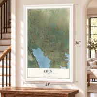 Eden, Utah map, 24 x 36 inch print in a white frame by a staircase