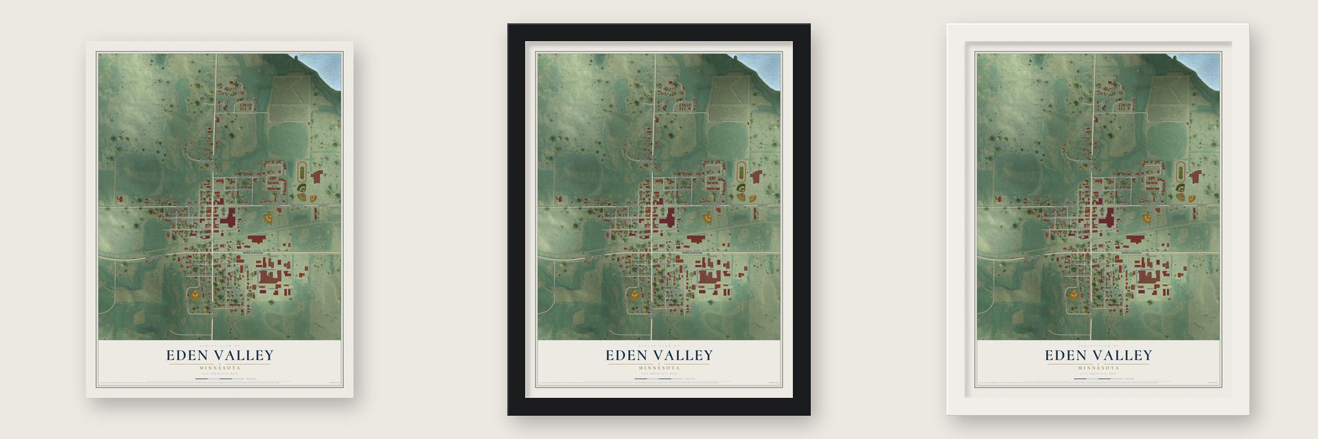 Eden Valley, Minnesota map unframed, in a black wood frame and in a white wood frame