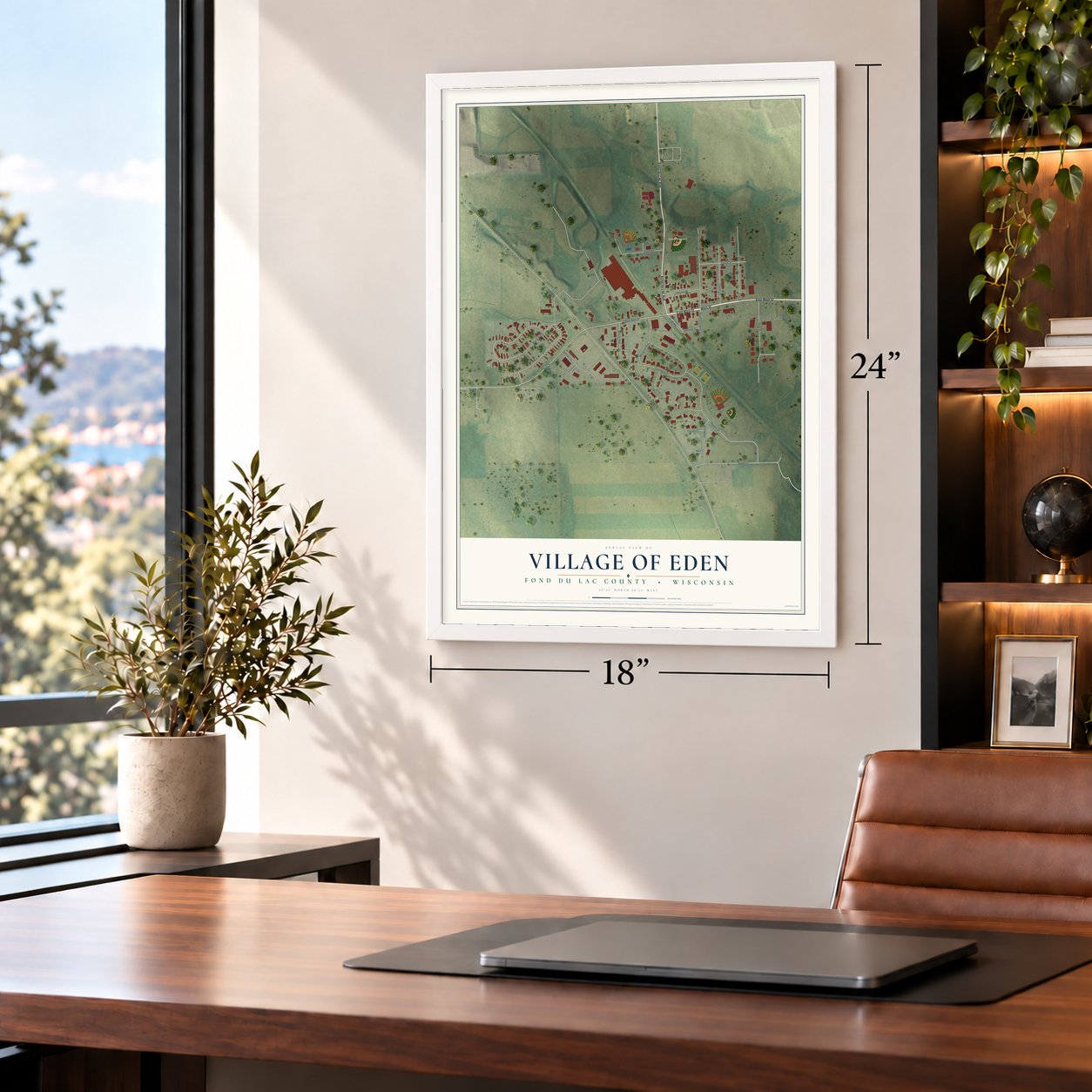 Eden, Wisconsin map, 18 x 24 inch print in a white frame in a home office